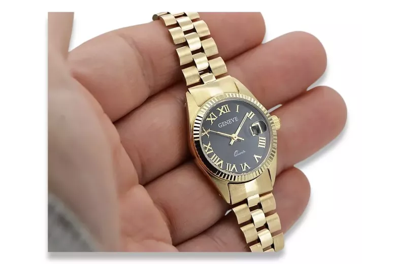 Złoty zegarek damski 14k 585 z bransoletą Geneve czarna tarcza lw020ydbc&lbw009y