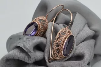 Kolczyki z różowego czerwonego 14k złota 585 z aleksandrytem vec023 Vintage