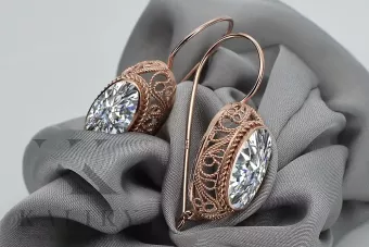 Rose pink 14k 585 gold zircon earrings vec023 Vintage Russian Soviet style