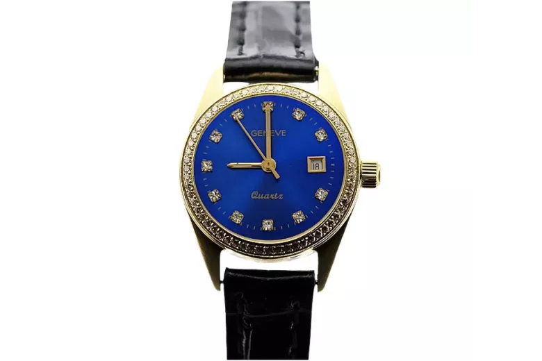 Złoty zegarek damski 14k Geneve lw078ydblz z niebieską tarczą