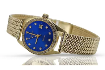 Reloj de pulsera para mujer de oro amarillo 585 de 14 quilates Reloj Geneve esfera azul lw078ydg&lbw003y
