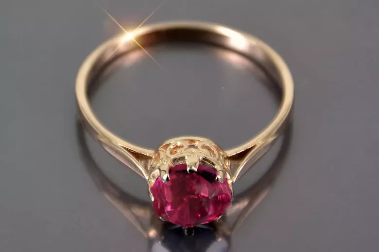 Złoty pierścionek z czerwonego różowego 14k złota 585 z Rubinem vrc366 Vintage