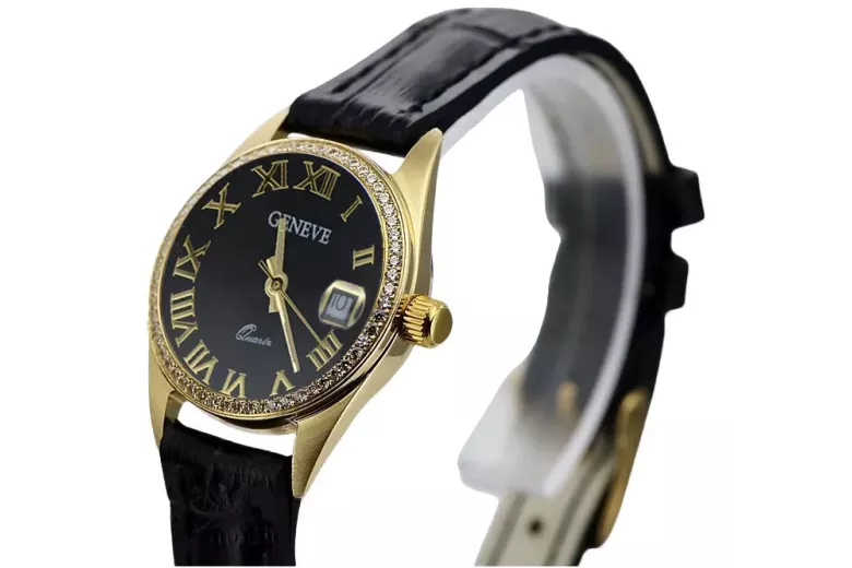 Złoty zegarek damski 14k Geneve lw078ydbc z czarną tarczą