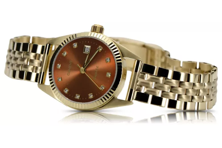 Złoty zegarek z bransoletą damską 14k Geneve lw020ydbrz&lbw008y