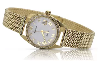 Gelb 14k 585 goldene Dame Armbanduhr Geneve Uhr mit Perle Zifferblatt lw078ydpr&lbw003y