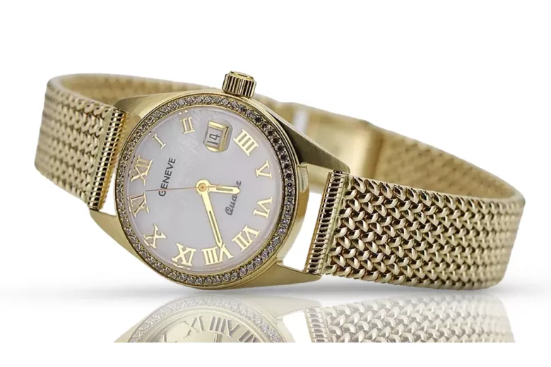 Złoty zegarek damski 14k 585 Geneve z perłową tarczą lw078ydpr&lbw003y
