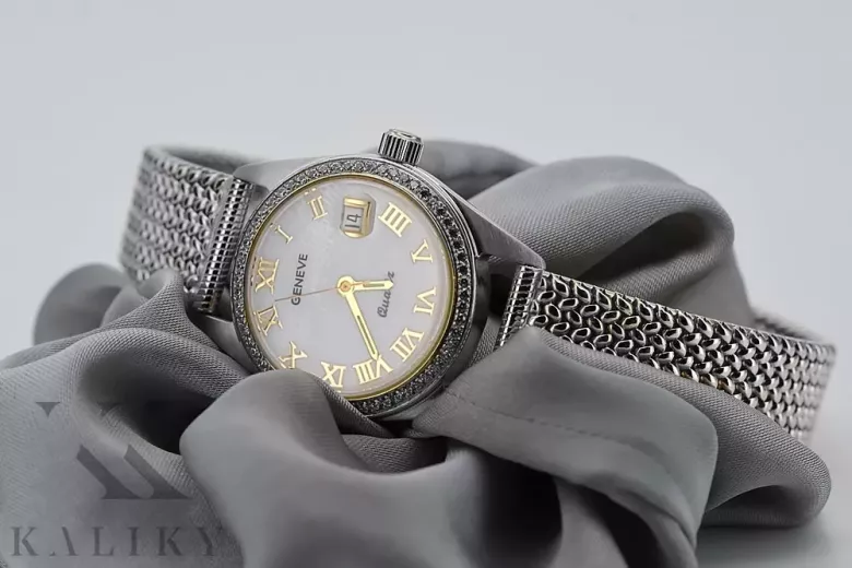 Zegarek damski z białego złota 14k 585 Geneve z perłową tarczą lw078wdpr&lbw003w