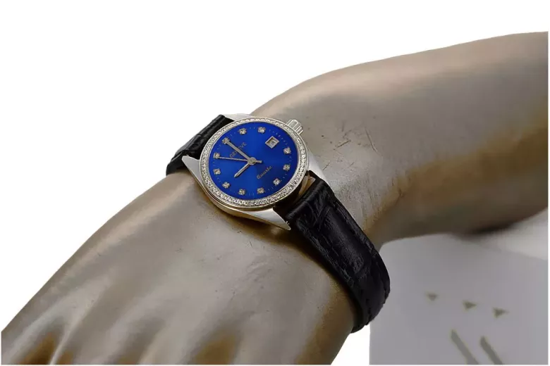 Zegarek damski z białego złota 14k Geneve lw078wdblz z niebieską tarczą