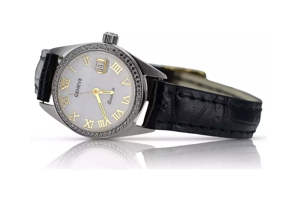 Zegarek damski z białego złota 14k Geneve lw078wdpr z perłową tarczą