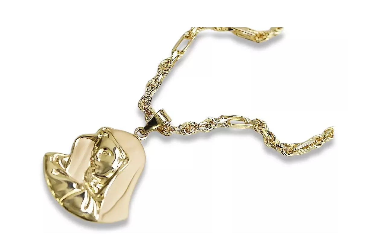 Медальон Божией Матери и цепочка из золота 14 карат Corda Figaro pm004yS&cc004y55