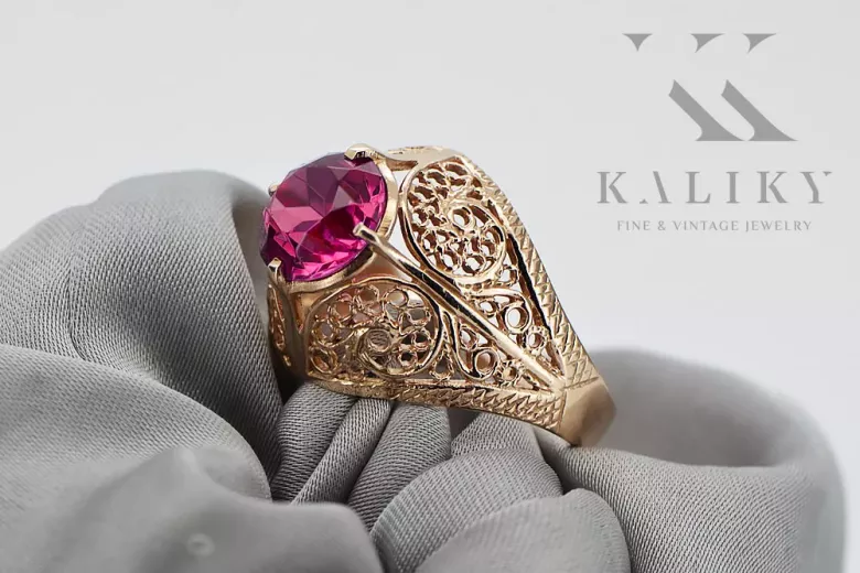 Розовый розовый 14k Gold 585 Ruby Ring Vintage vrc026
