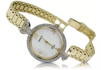 Amarillo dama de oro 14k línea de perlas reloj Geneve Lady Gift lw004ydpr