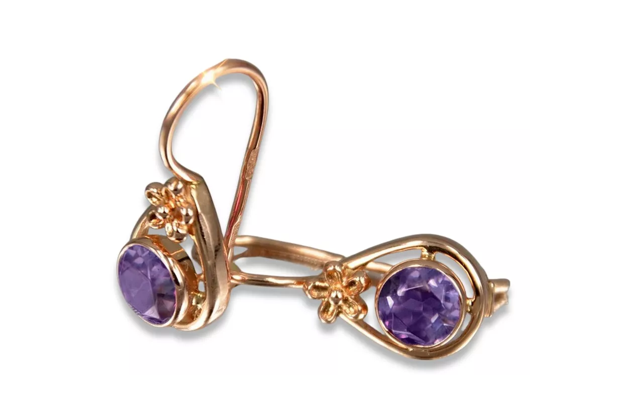 Boucles d’oreilles en or rose soviétique russe 14k 585 vec140 alexandrite rubis émeraude saphir ...