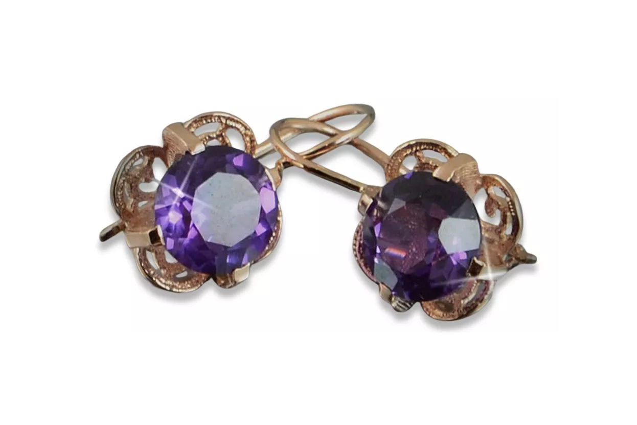 Boucles d’oreilles en or rose soviétique russe 14k 585 vec026 alexandrite rubis émeraude saphir ...