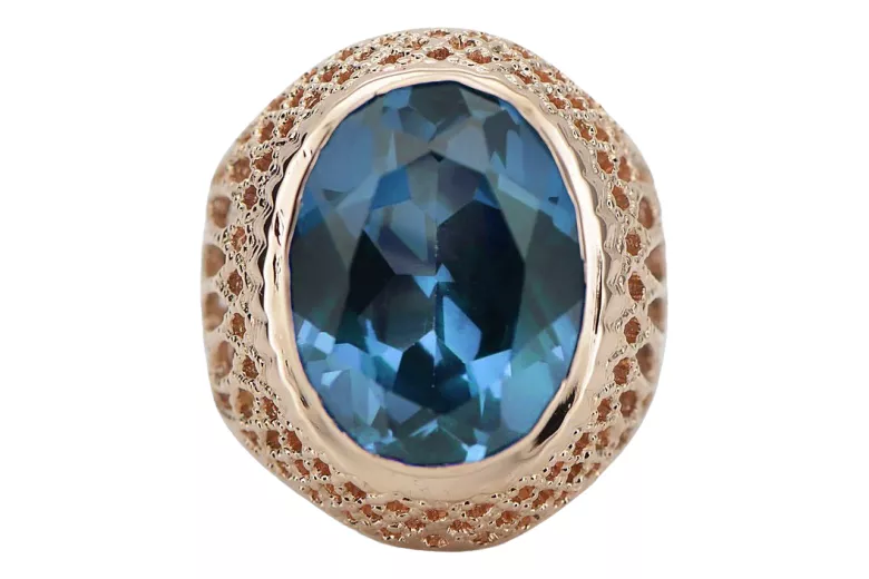 Złoty pierścionek z czerwonego różowego 14k złota 585 z Akwamarynem vrc089 Vintage