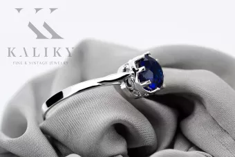 Inel vintage de argint 925 cu safir 14k, rotund 7,5mm