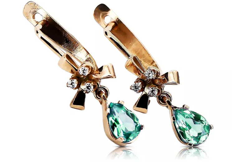 Rose pink 14k 585 gold emerald earrings vec045 Vintage Russian Soviet style