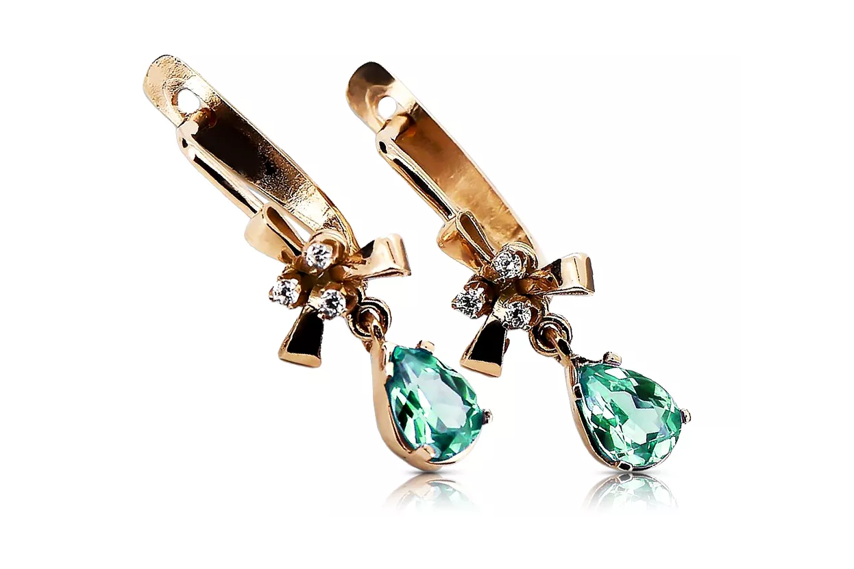 Rose pink 14k 585 gold emerald earrings vec045 Vintage Russian Soviet style