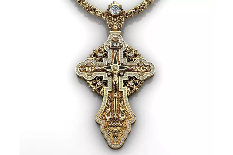 Zawieszka krzyżyk prawosławny z różowego żółtego białego złota z kamieniami brylantami cgoc002