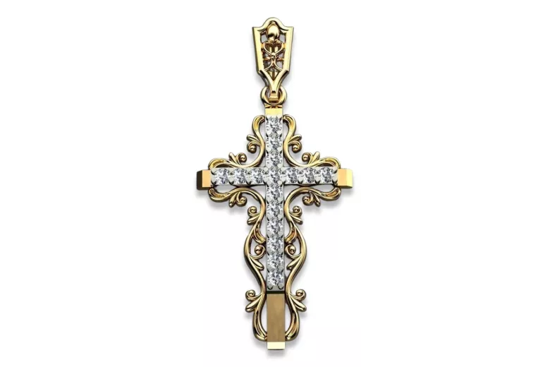 Zawieszka krzyżyk prawosławny z różowego żółtego białego złota z kamieniami brylantami cgoc006
