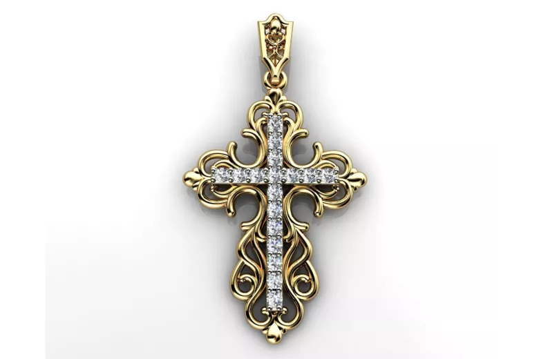 Zawieszka krzyżyk prawosławny z różowego żółtego białego złota z kamieniami brylantami cgoc007