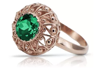 Винтидж пръстен от розово злато 14k със смарагд, 7.5 мм кръгъл - Дамски
