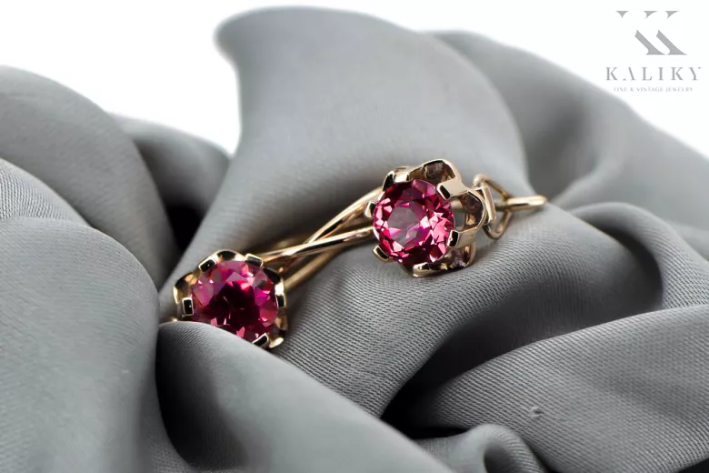 Rose pink 14k 585 gold ruby earrings vec019 Vintage Russian Soviet style