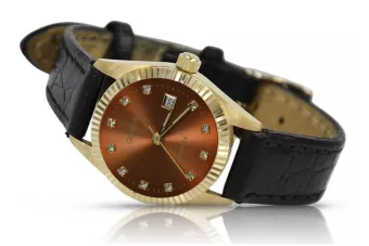 Złoty zegarek damski 14k 585 Geneve lw020ydbrz z brązową tarczą