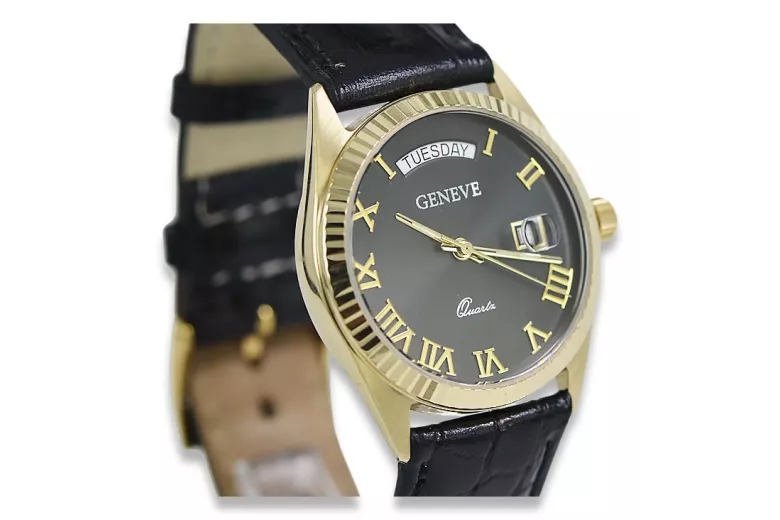 Жълта 14K златни мъжки женски женски Geneve MW013YD2BC черен циферблат