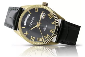 14k Goldene Herrenuhr, Schwarzes Zifferblatt, Quarz, 41mm