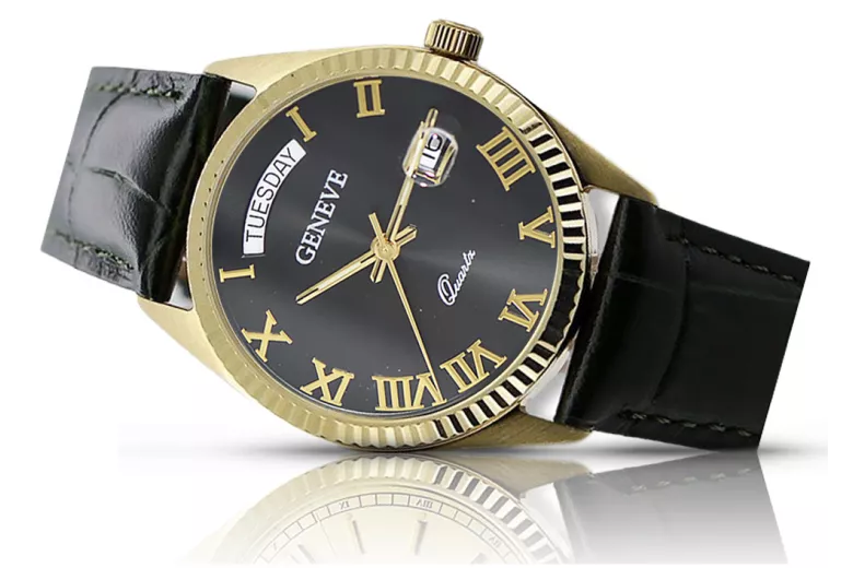 Желтый 14k Золотые мужские Женские Часы Geneve MW013YD2BC Черный циферблат