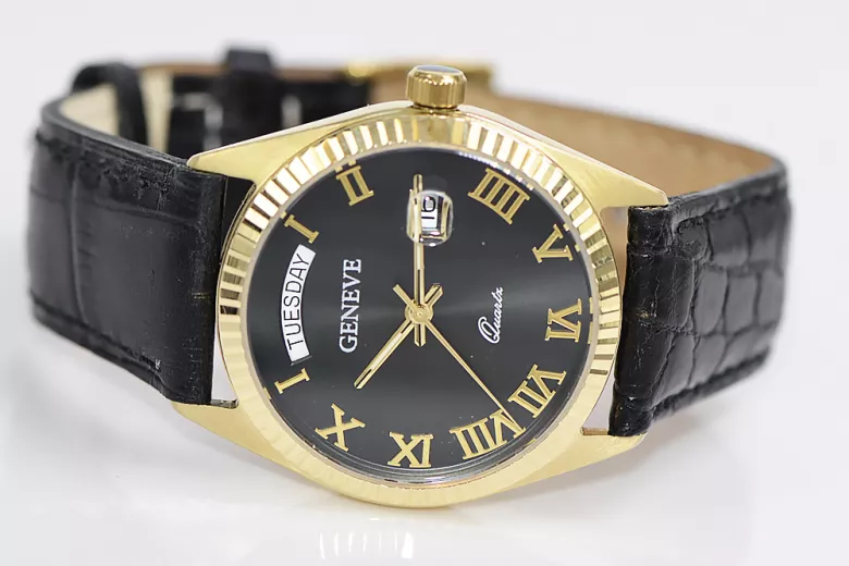 Жълта 14K златни мъжки женски женски Geneve MW013YD2BC черен циферблат