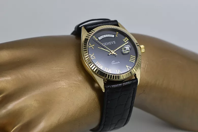 Galben 14k de aur pentru bărbați pentru femei Geneve ceas MW013YD2BC Black Dial