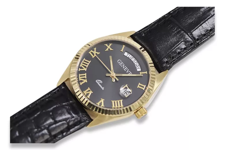 GELBE 14K GOLD MÄNNER DAMENE Geneve Watch MW013YD2BC Black Dial