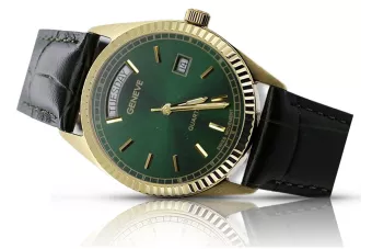 Złoty zegarek męski damski 14k 585 Geneve z zieloną tarczą mw013ydgr