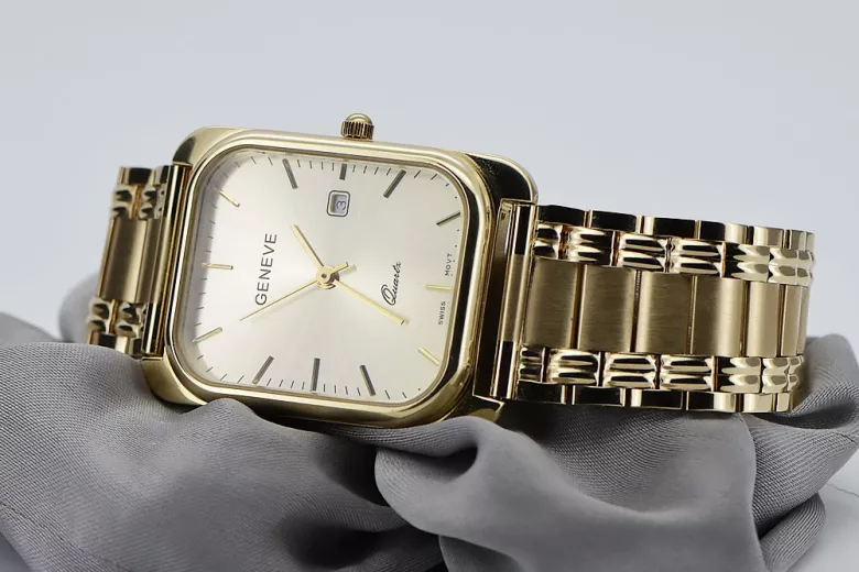Ceas bărbătesc de aur 14K Geneva, cuarţ japonez, 36.8mm