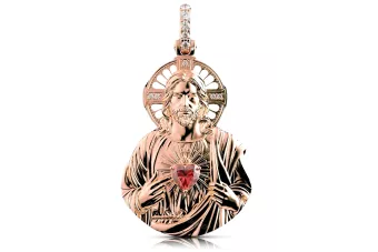 Rose rose 14k or 585 Jésus pendentif icône avec ruby zircon pj006r