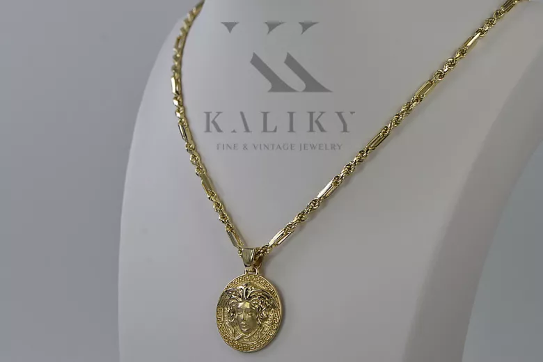 Złoty medalik Grecka droga meduza grecki wzór 14k 585 z łańcuszkiem Corda Figaro cpn049y20&cc004y50