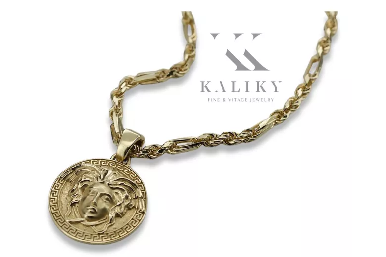 Greek style medallion Jellyfish & Corda Figaro 14k gold chain cpn049y20&cc004y50