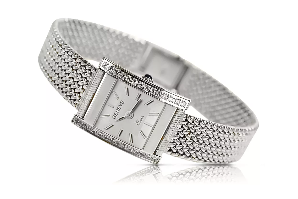 14K White Gold Diamond Watch, Rectangular 0.25ct, Italian