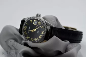 Dámské hodinky z bílého zlata 14k Geneve s černým štítem LW078WDBC