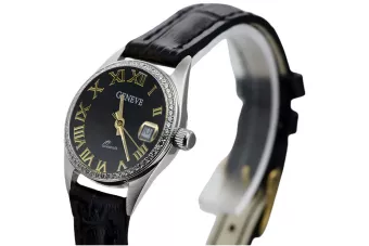 Dámské hodinky z bílého zlata 14k Geneve s černým štítem LW078WDBC