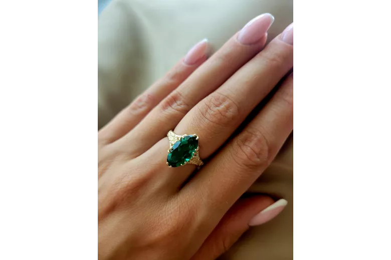 خاتم من الذهب الأصفر الإيطالي 14k 585 مع Emerald vrc084