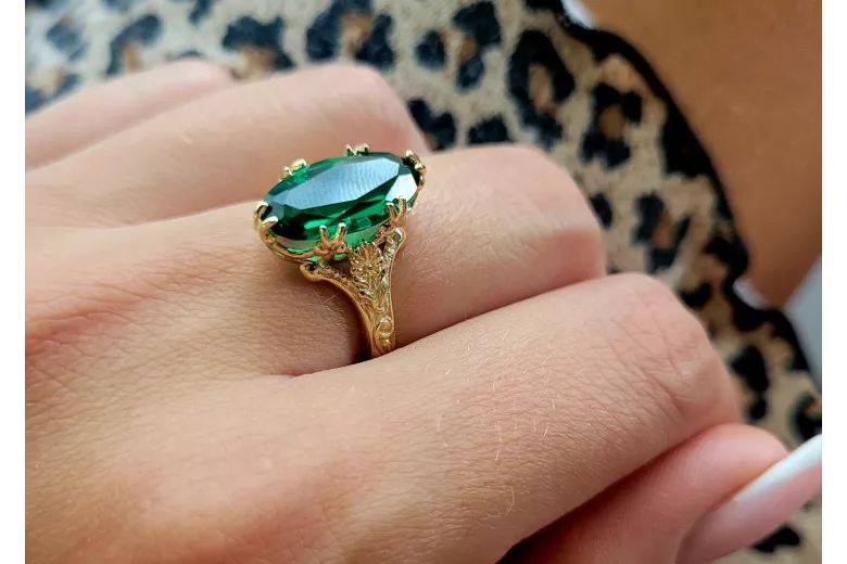 خاتم من الذهب الأصفر الإيطالي 14k 585 مع Emerald vrc084