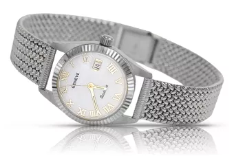 Zegarek damski 14k Geneve z białego złota, perłowy cyferblat | Zlotychlopak.pl