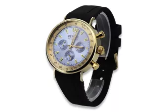14karátové zlaté hodinky pro muže, modrý číselník, kožený pásek, 40mm