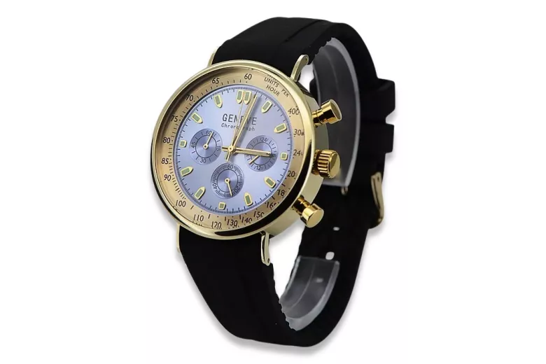 14K Montre hommes d'or, Cadran bleu, Bracelet en cuir, 40mm