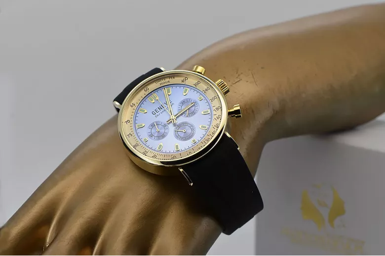 14K Reloj para hombres de oro, Cuero azul, Correa de cuero, 40mm