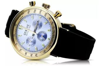 14karátové zlaté hodinky pro muže, modrý číselník, kožený pásek, 40mm