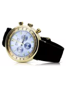 14K Montre hommes d'or, Cadran bleu, Bracelet en cuir, 40mm